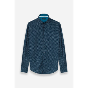 Camicia Uomo 1 Bottone Francese Slim Popeline Stampato Blu/Turchese