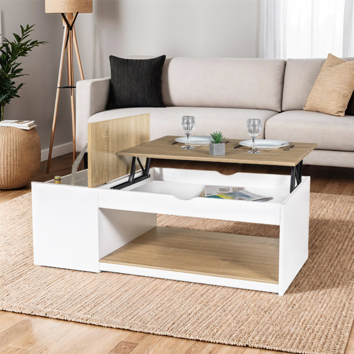 Table basse relevable + coffre Elina - Bois - Blanc