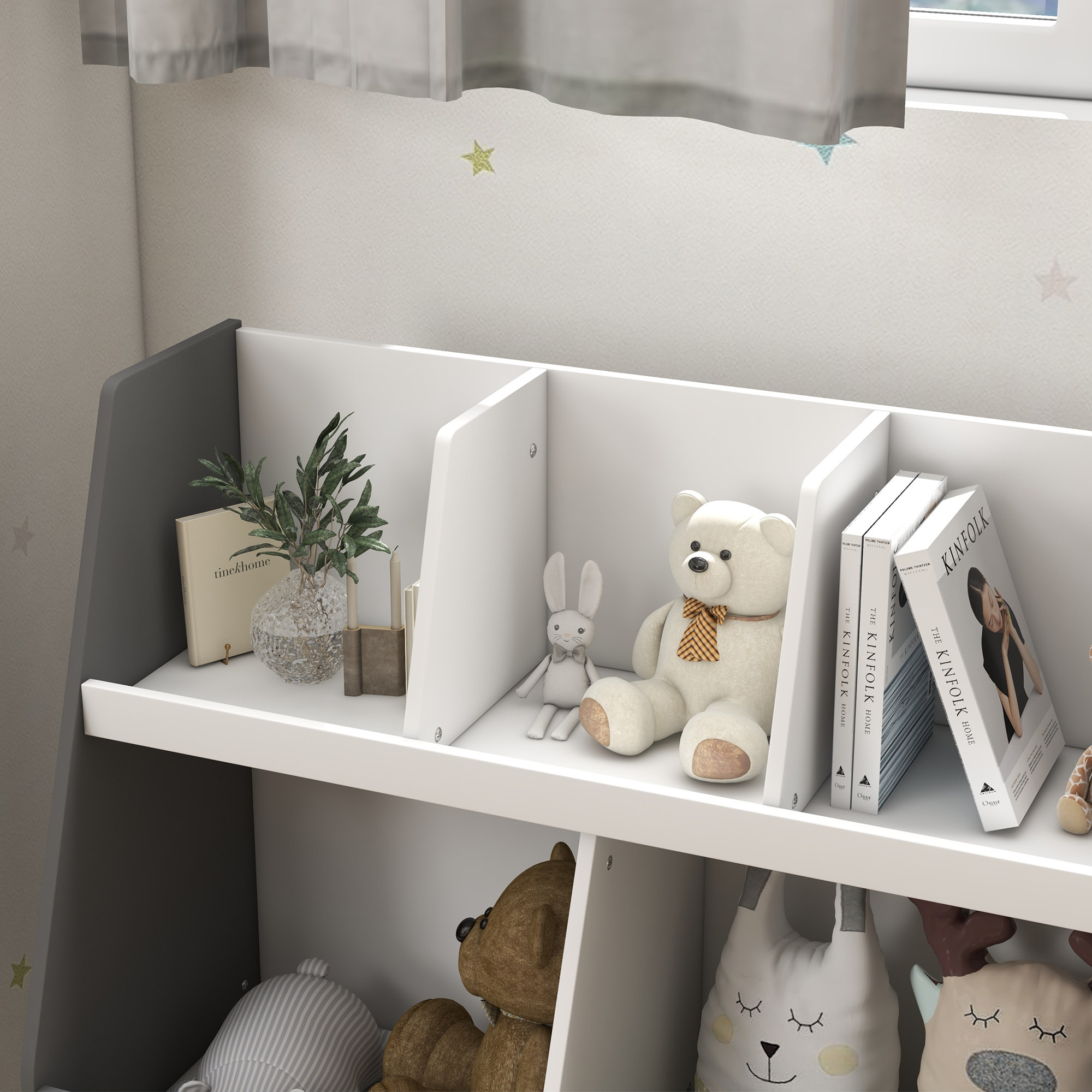 Estantería para Juguetes para Niños Organizador Infantil de 2 Niveles con 5 Compartimentos y Patas de Madera de Pino para Guardería Sala de Juegos 80x34x72,5 cm Gris y Blanco