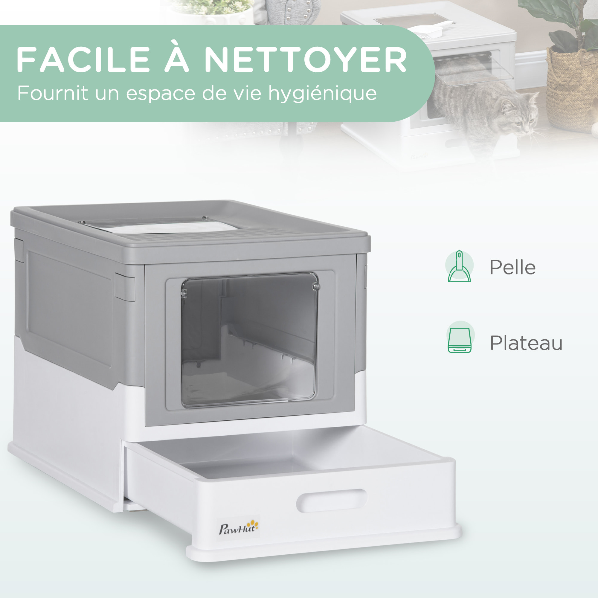 Maison de toilette pliable pour chat - tiroir à litière coulissant, porte battante et trappe transparente, pelle - blanc gris