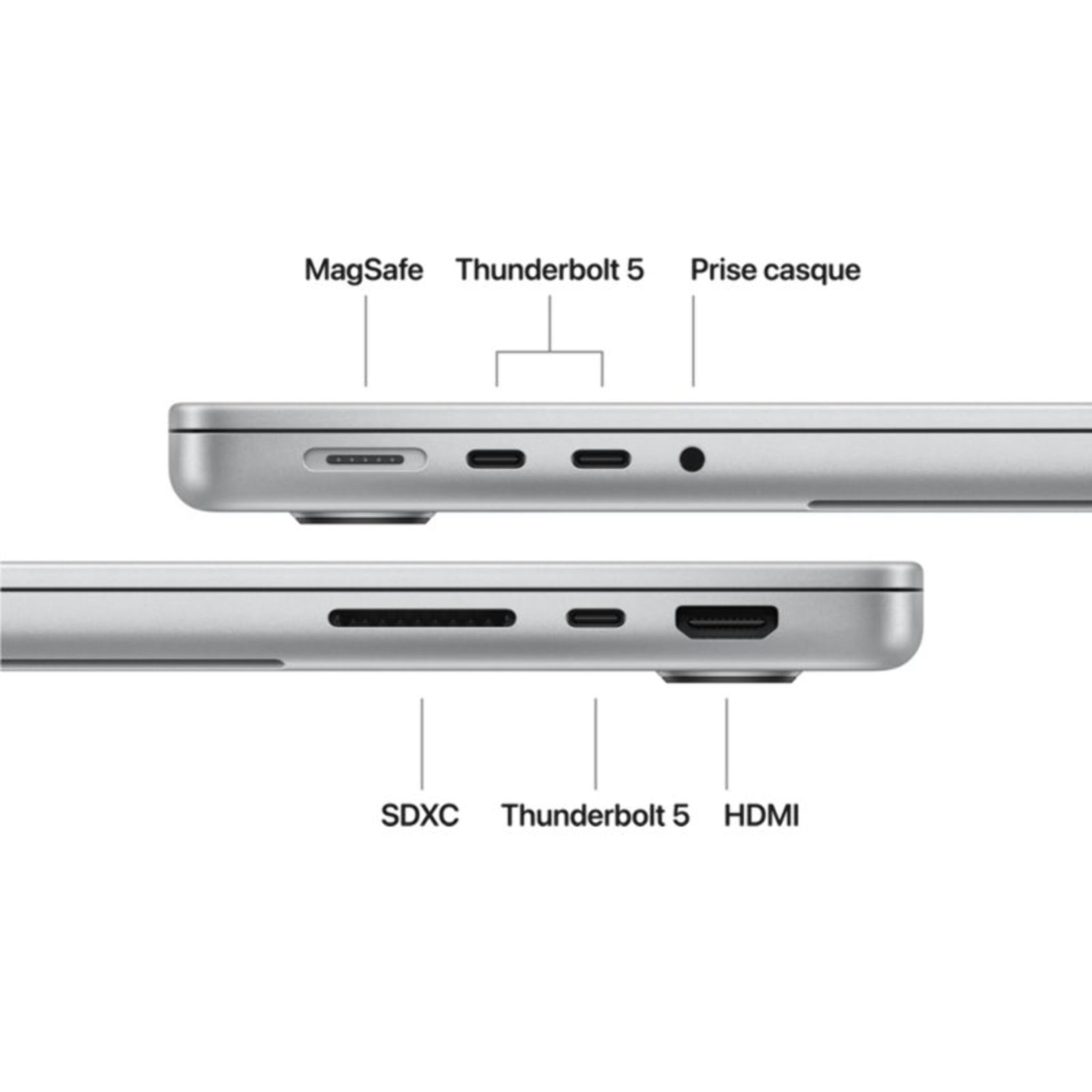 Ordinateur Apple MACBOOK Pro 14" Puce M5 Pro CPU 15 / GPU 16 coeurs Mémoire RAM 24Go Stockage 2To SSD XDR Argent