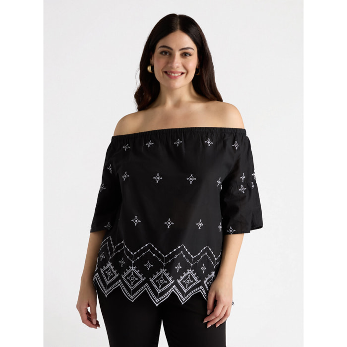 Fiorella Rubino - Blusa étnica hombros descubiertos - Negro