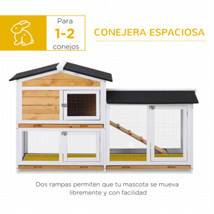 Conejera de Madera Exterior Jaula para Conejos de 2 Niveles con Techo Asfáltico 2 Corrales de Metal Bandeja Extraíble 2 Puertas y Rampa 157,4x53x93,5 cm Natural