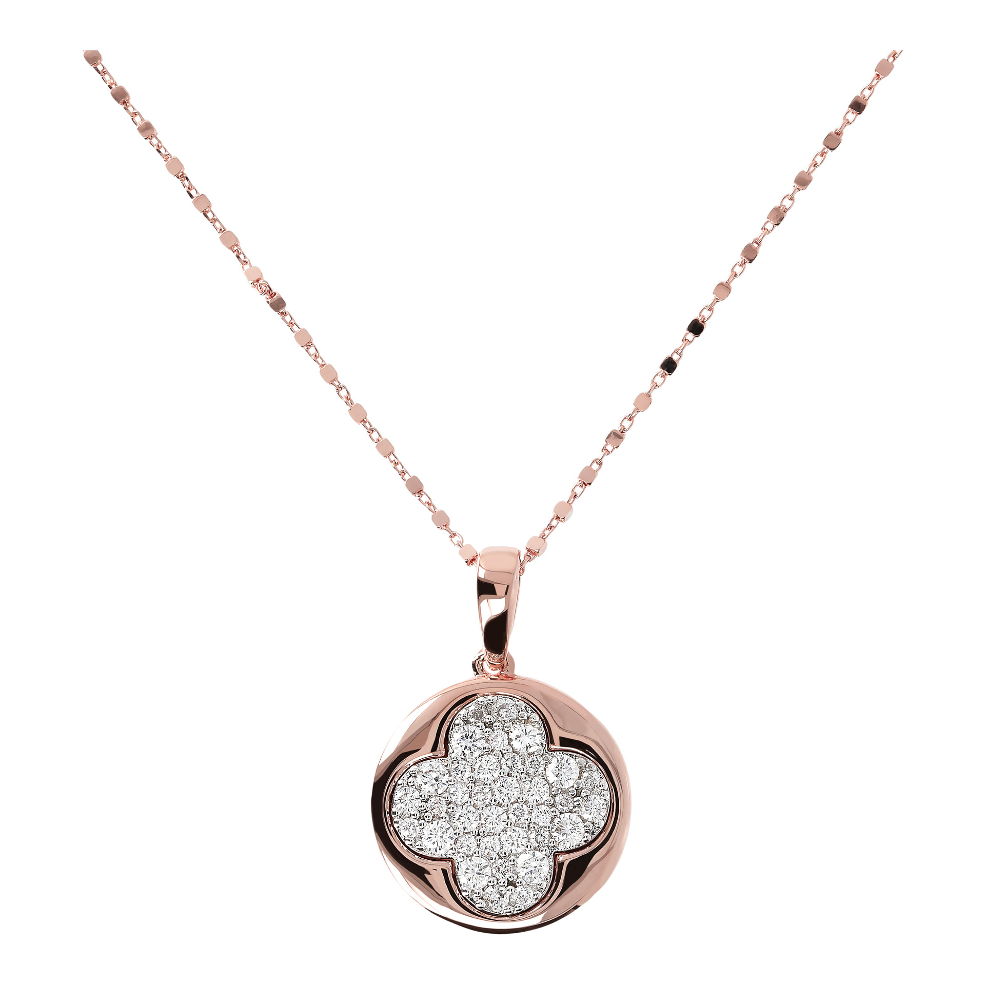 Collana Catena a Cubetti e Pendente Tondo con Quadrifoglio Pavé in Cubic Zirconia