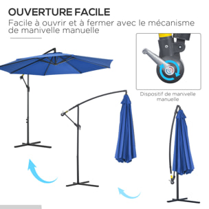 Parasol déporté octogonal inclinable rabattable diamètre 2,97 m parasol de jardin avec pied en croix bleu