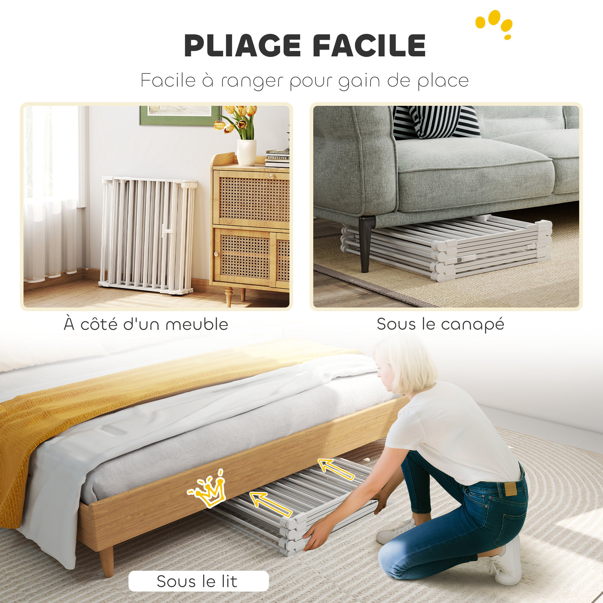 Barrière de sécurité pliable modulable max. L.488cm parc enclos 8 panneaux - porte double verrouillage - acier blanc