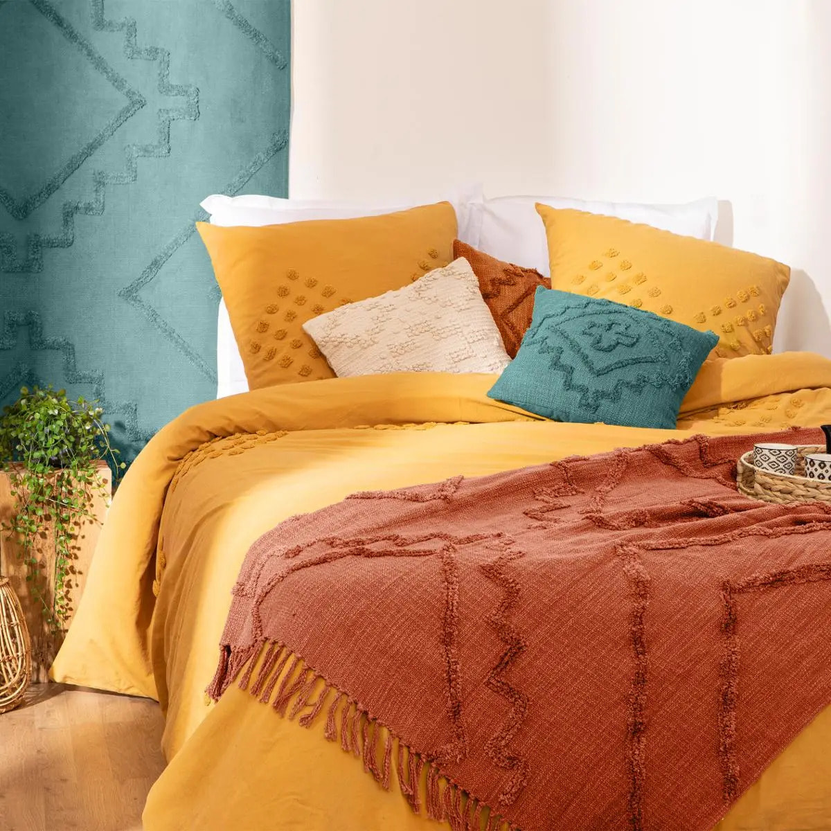 Jeté de lit "Inca" en coton tufté - terracotta 130x180 cm