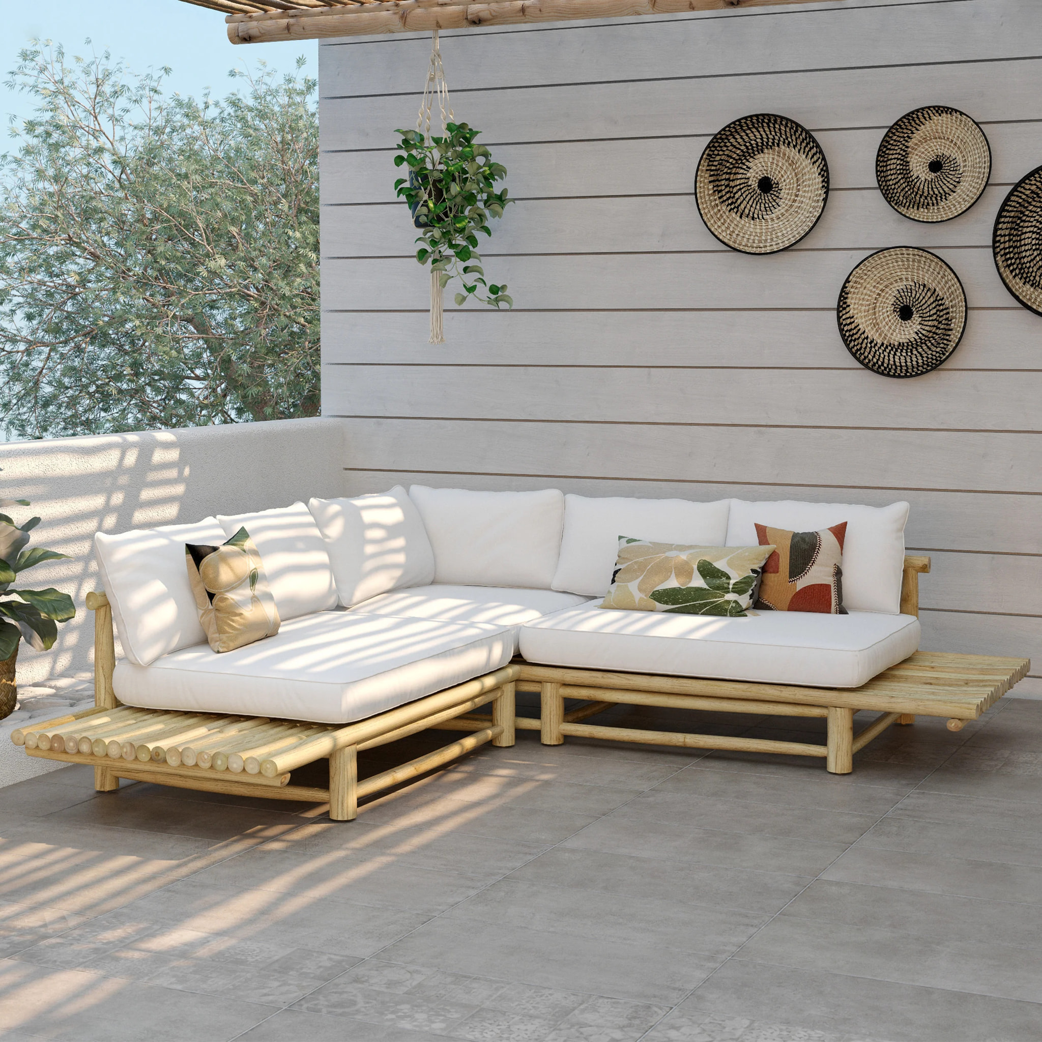 Canapé d'angle de jardin 4 places en teck et coussins blancs - Sunny