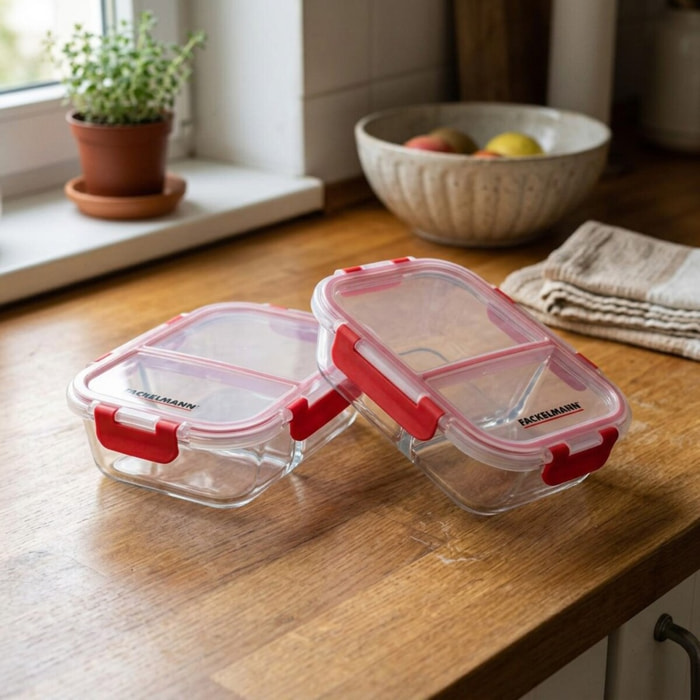 Lot de 2 boîtes à repas en verre avec deux compartiments 1000 ml Fackelmann Move