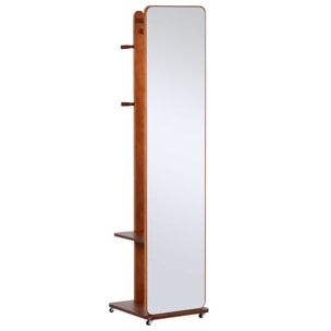 Miroir sur pied avec roulettes - portant, 4 patères étagère MDF aspect noyer