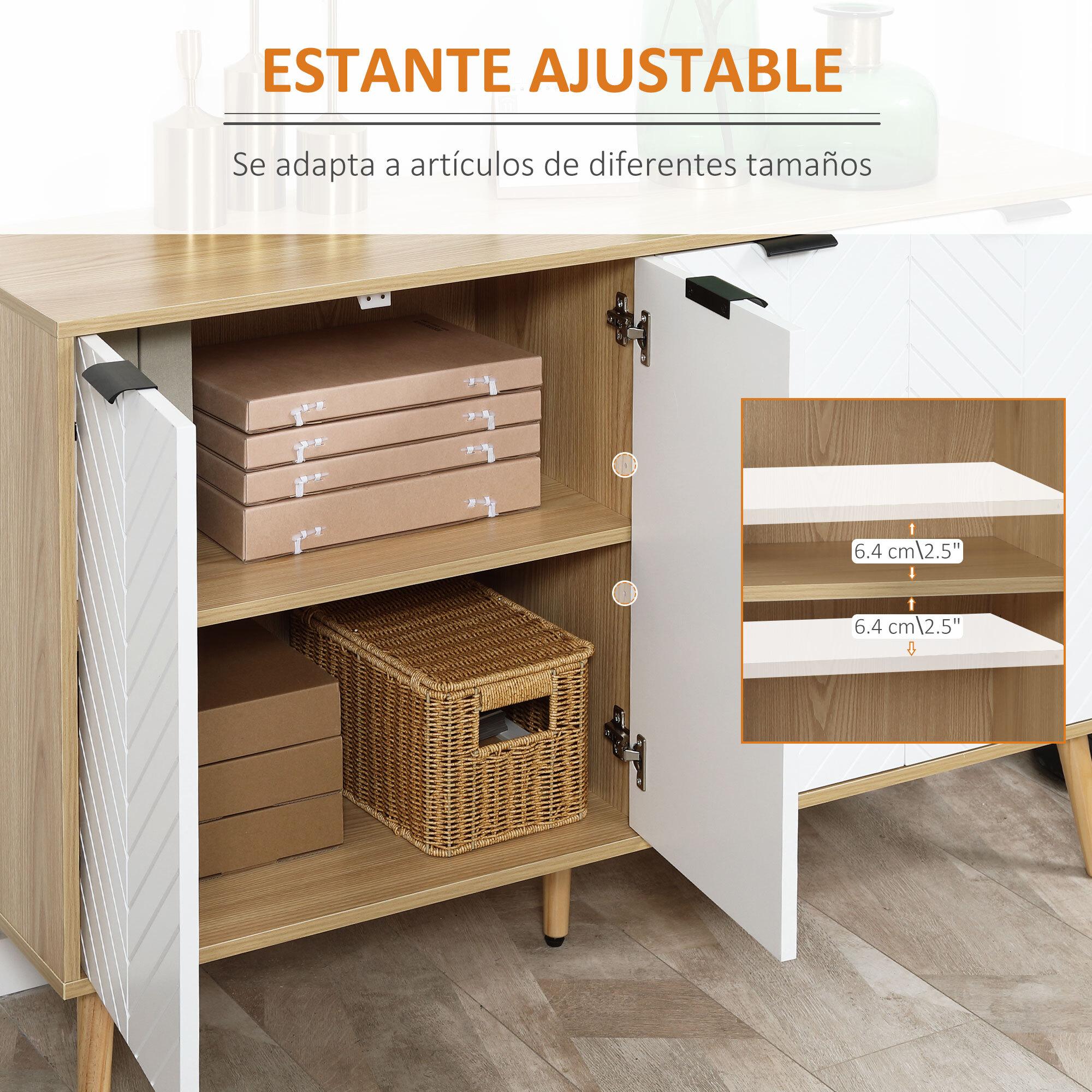 Aparador de Cocina Moderno Mueble Buffet Auxiliar con Estantes Ajustables 2 Armarios y Antivuelco Carga 50 kg para Comedor Salón 120x35x77,4 cm Blanco y Natural