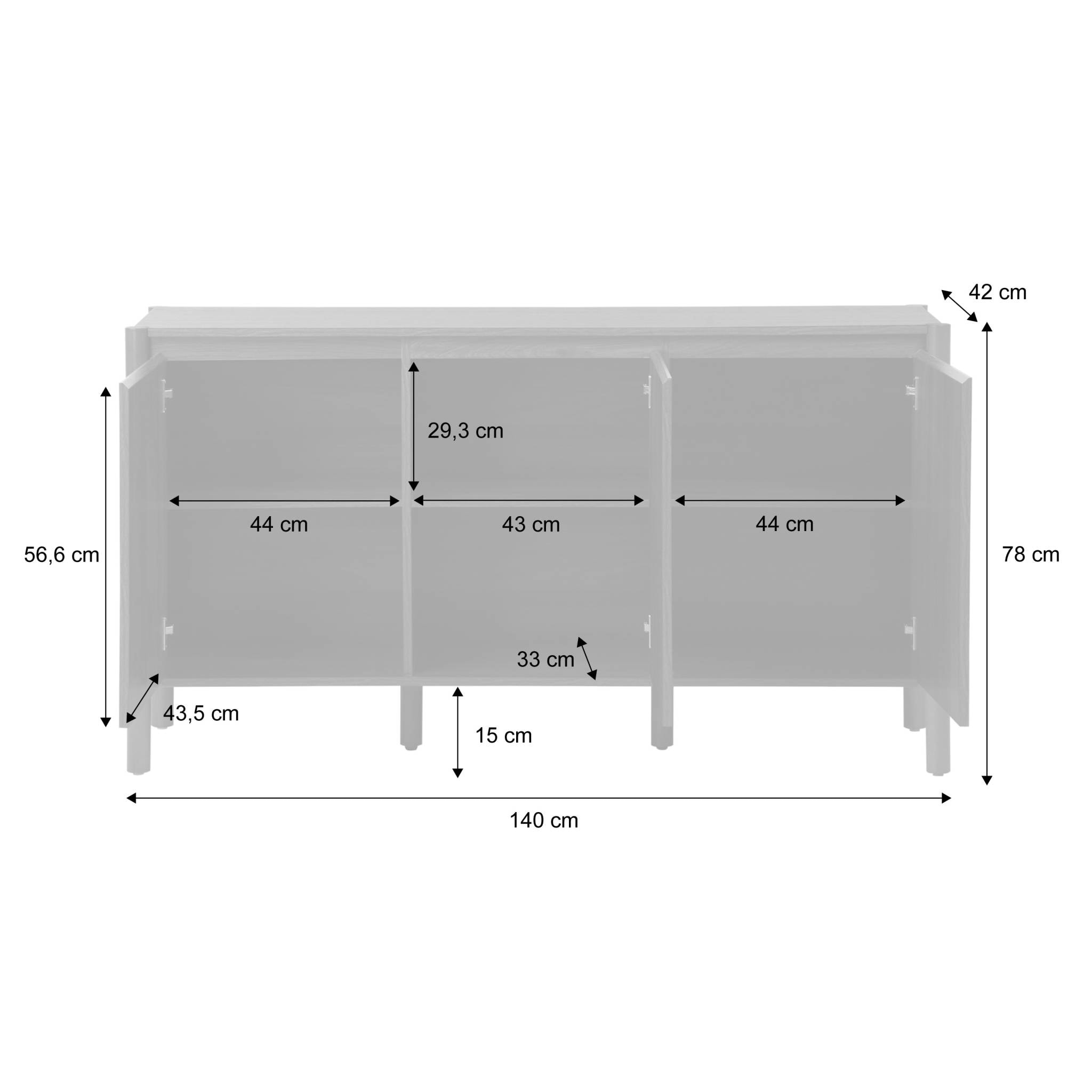 Buffet décor bois 3 portes noyer - 140 x 42 x 78.5 cm - Harmony