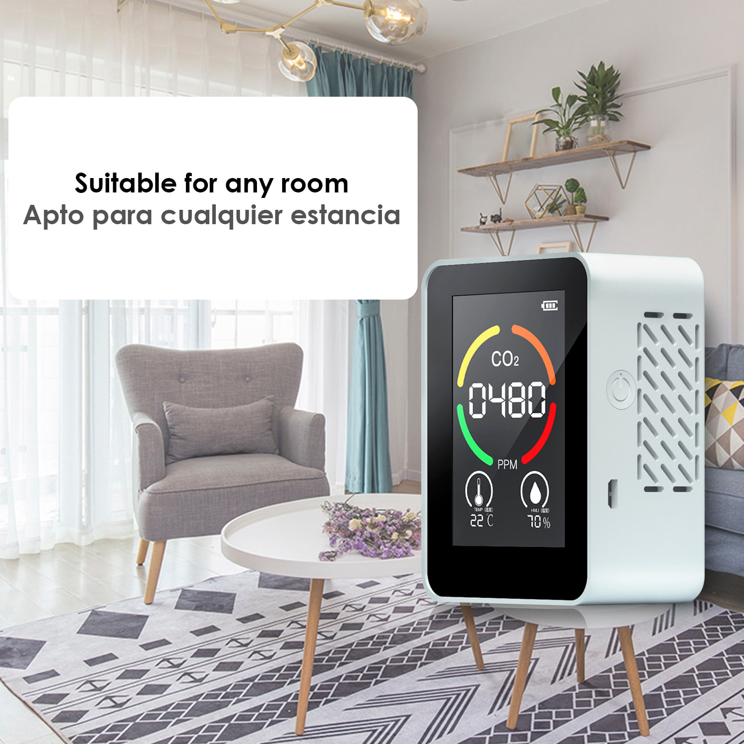 Monitor di qualità dell'aria per interni. Rilevamento di CO2, con allarme acustico e visivo. Termometro, TVOC e igrometro.