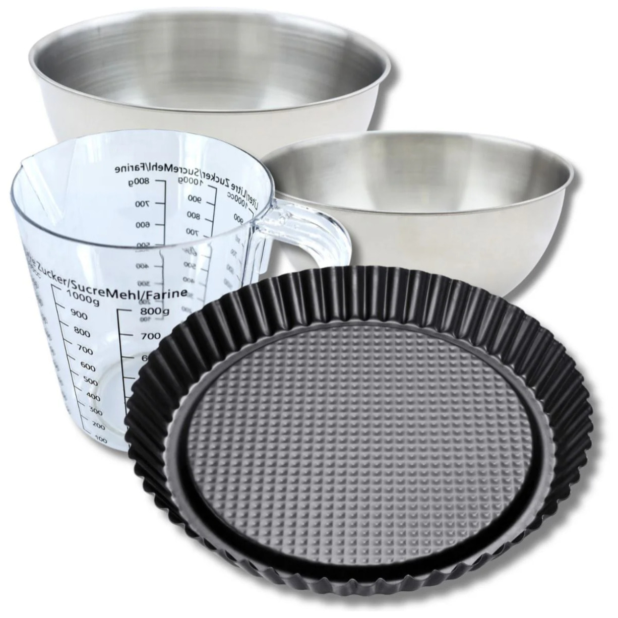 Set pâtisserie avec moule à tarte renversée 30 cm, 2 bols à mixer, verre mesureur et spatule Zenker