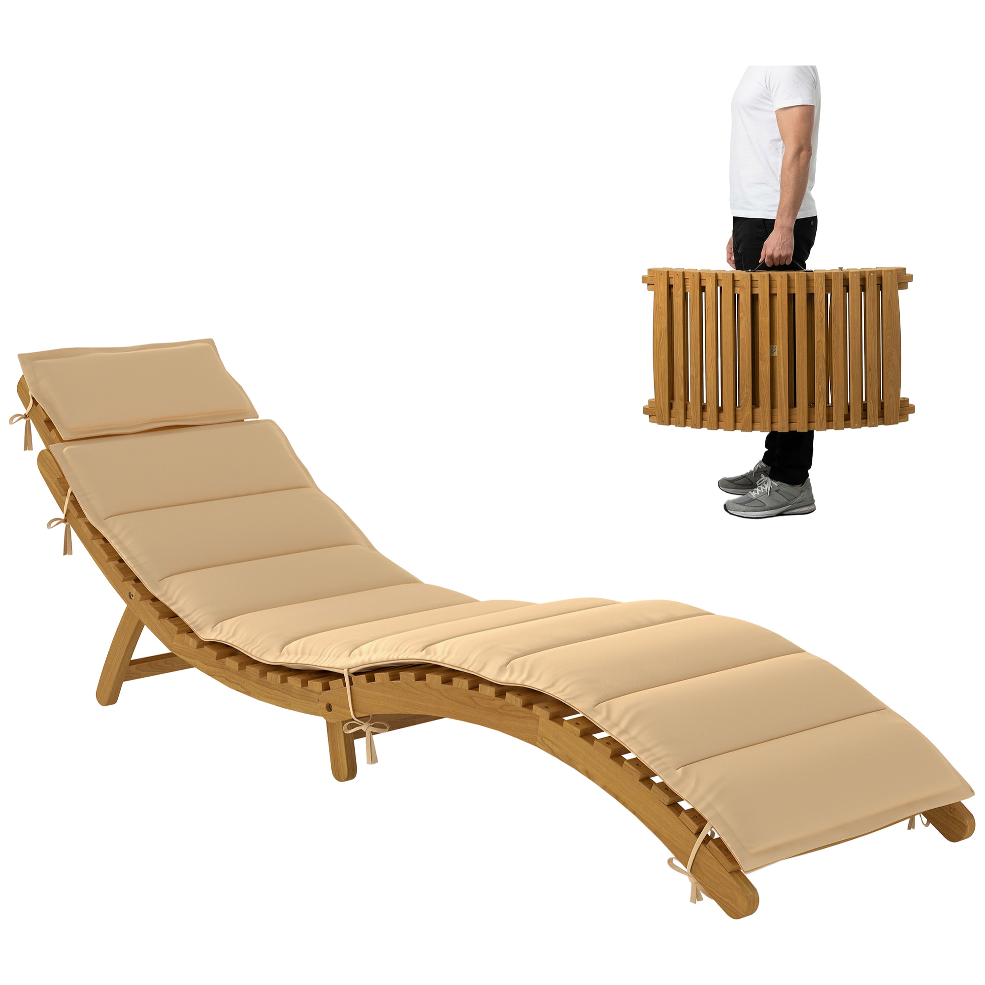 Tumbona Plegable de Madera de Acacia con Cojín y Reposacabezas, Tumbona Jardín Exterior con Asa de Transporte, Carga 120 kg, para Patio, Terraza, Piscina, 183x54x63 cm, Beige