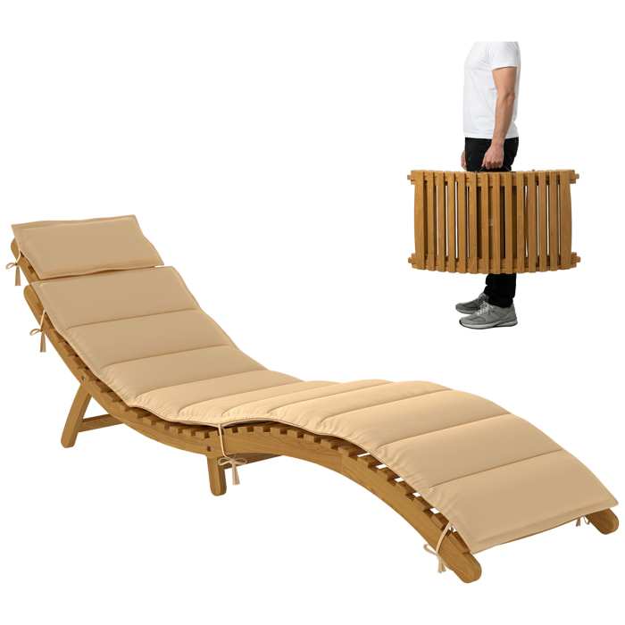 Tumbona Plegable de Madera de Acacia con Cojín y Reposacabezas, Tumbona Jardín Exterior con Asa de Transporte, Carga 120 kg, para Patio, Terraza, Piscina, 183x54x63 cm, Beige