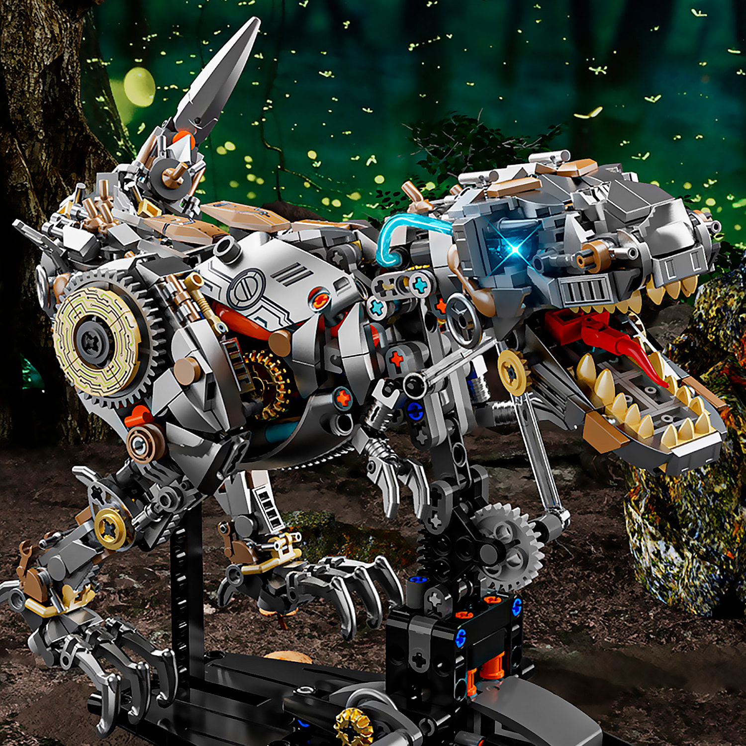 Maqueta 3D mecanizada de Tyrannosaurus Rex con 1268 piezas, equipada con luces y mecanismo de manivela que permite movimiento dinámico.