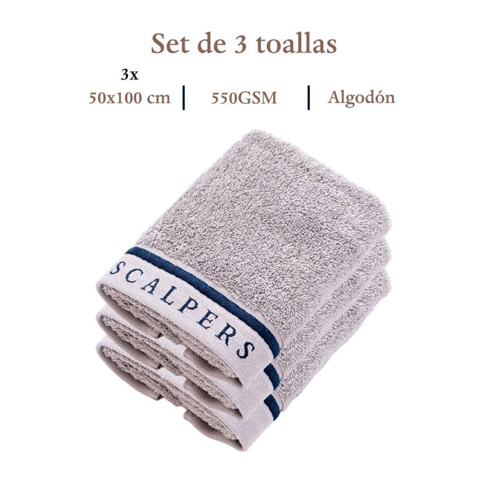 Set de 3 toallas de lavabo (100x50), 100% algodón, 550 gsm, en gris con rayas, scalpers home