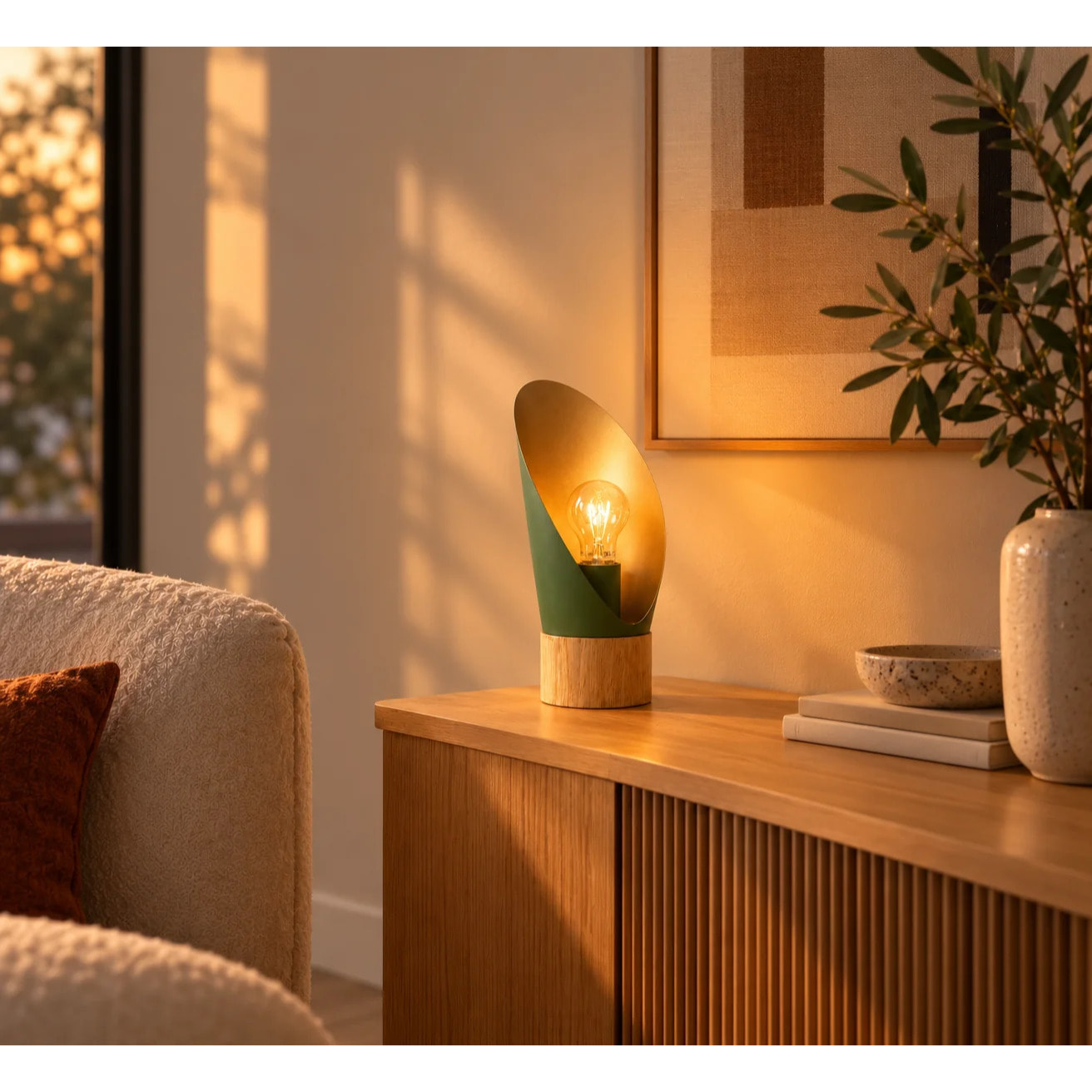 Lampe à poser en métal vert olive et bois H30 cm - Spoon