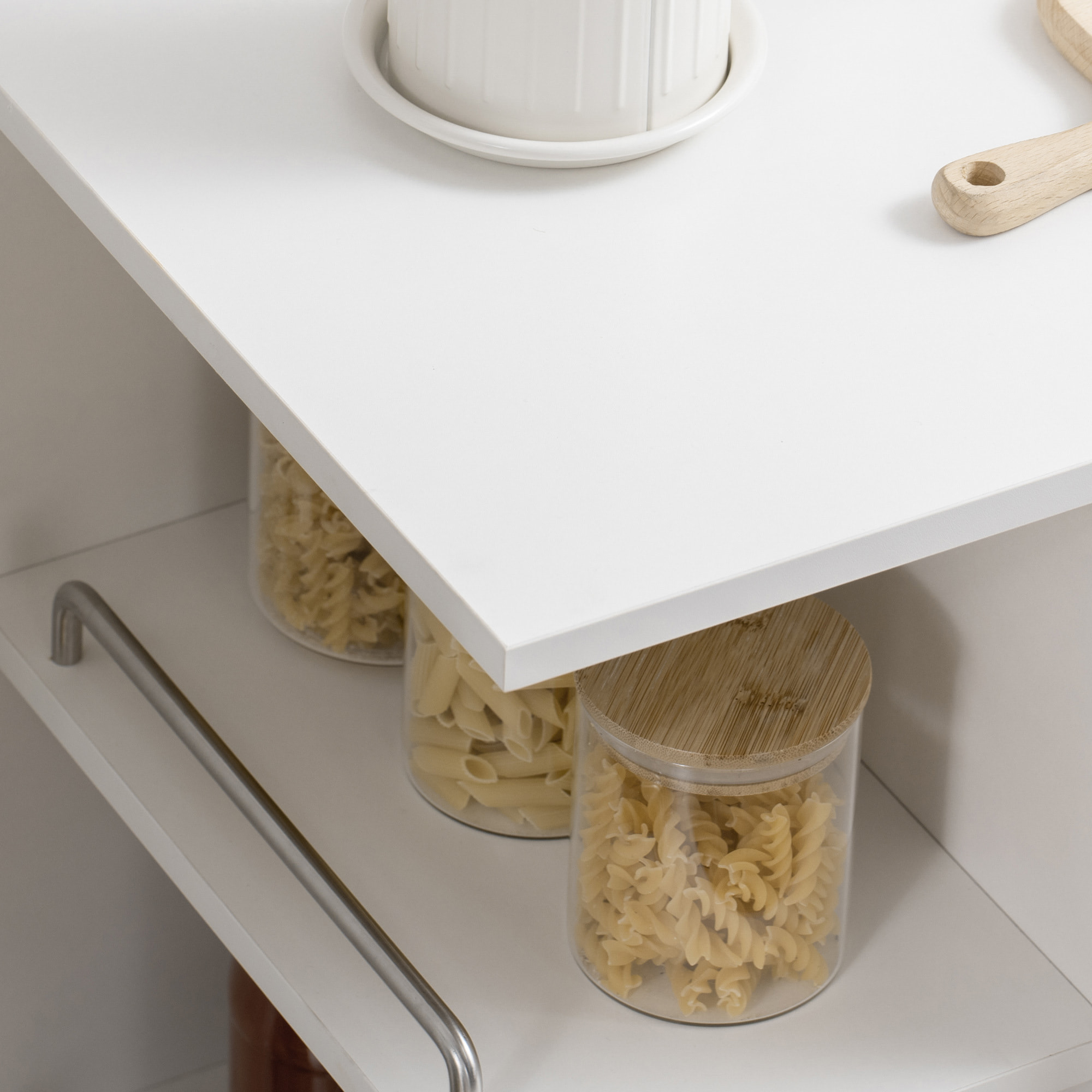 Desserte de cuisine style contemporain - 3 étagères, niche, porte verre, tiroir - blanc effet bois naturel