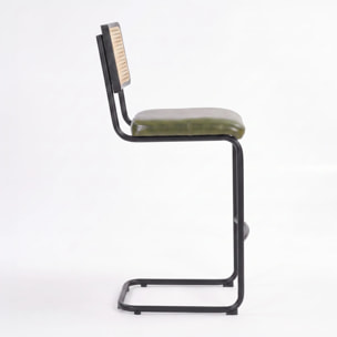 Lot de 2 chaises de bar 76 cm en cannage et cuir vert - Léandre