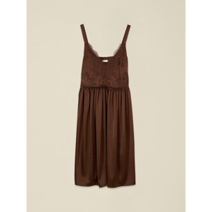 Oltre - Vestido de raso con detalle de encaje - Marrón