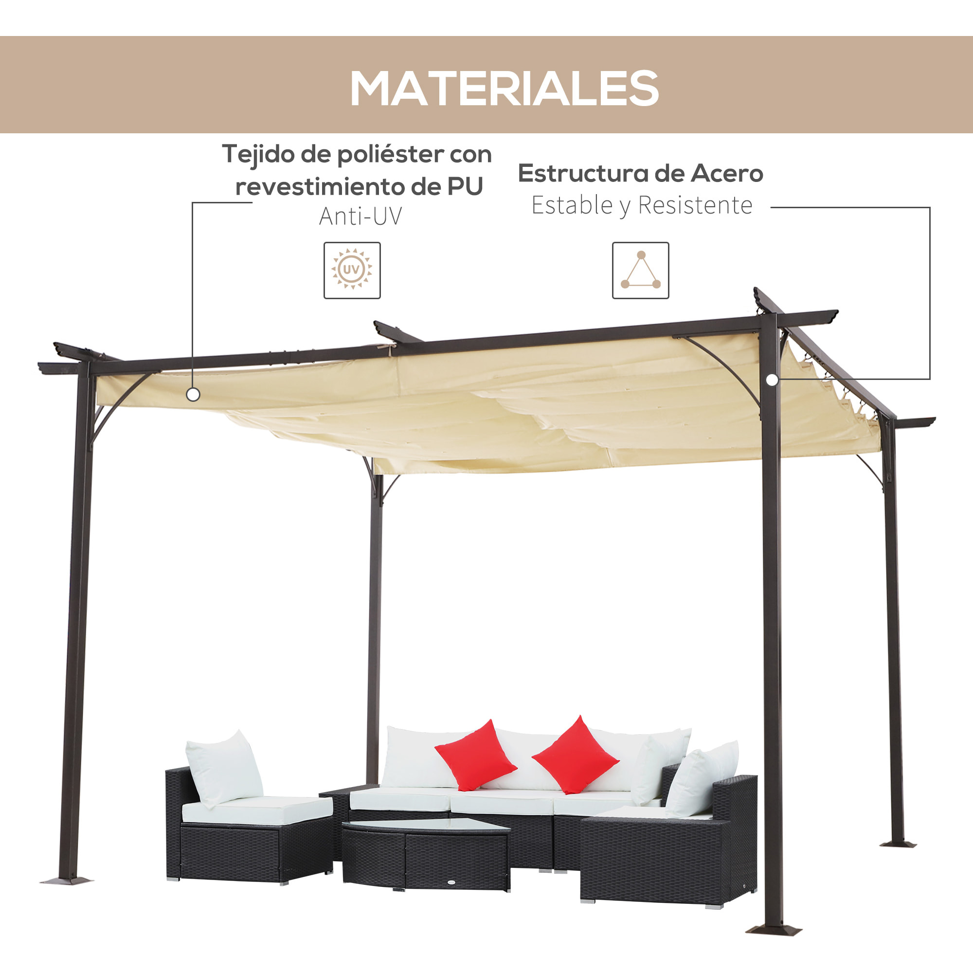 Pérgola de Metal 3.5x3.5m Gazebo Cenador para Jardín Patio con Techo Retráctil