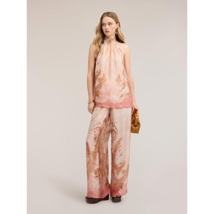 Motivi - Pantalones palazzo de raso con estampado - Rosa cipria