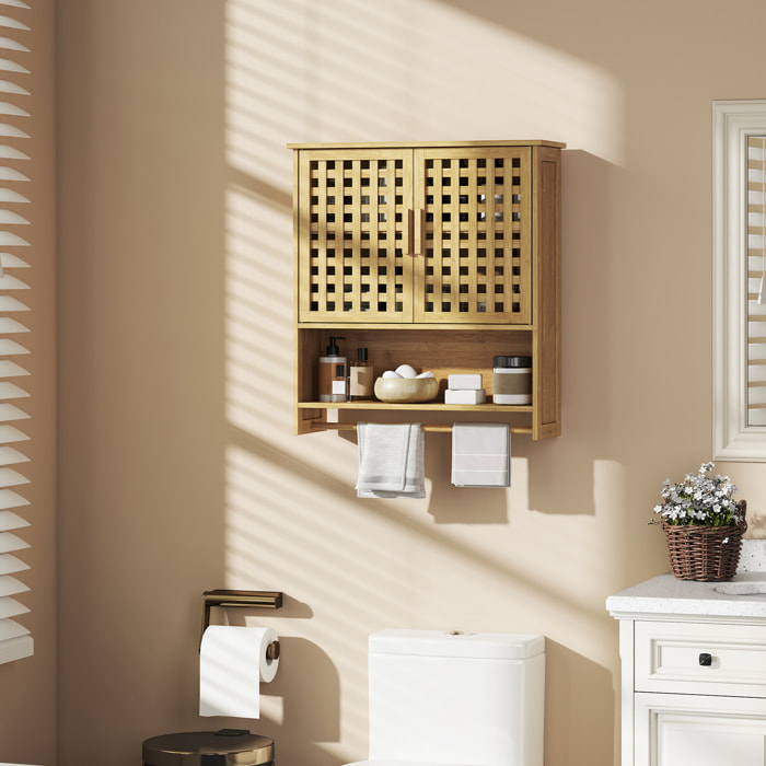 Armoire murale salle de bain style natural bamboo 2 portes étagère niche porte serviette