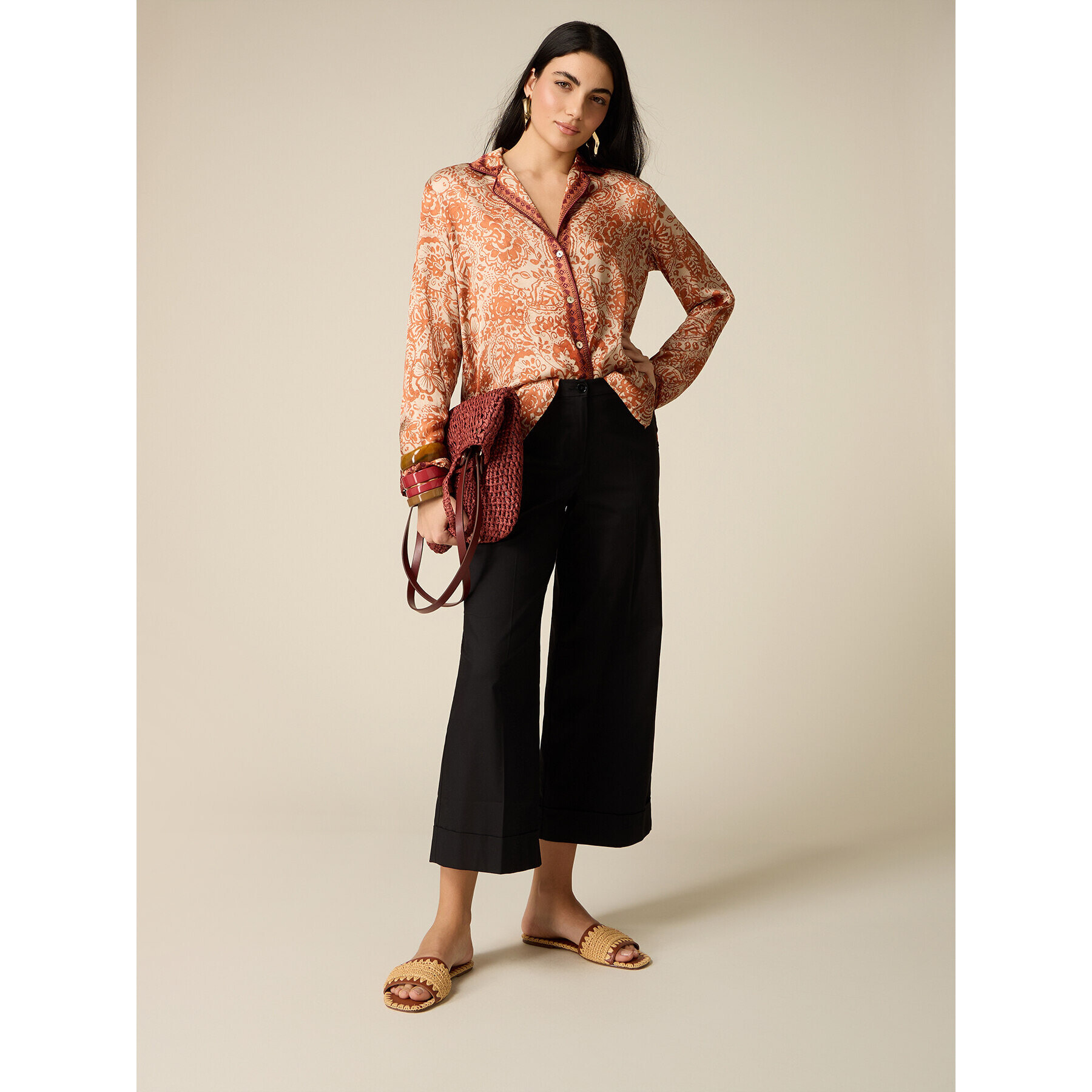 Oltre - Pantaloni cropped misto cotone - Nero