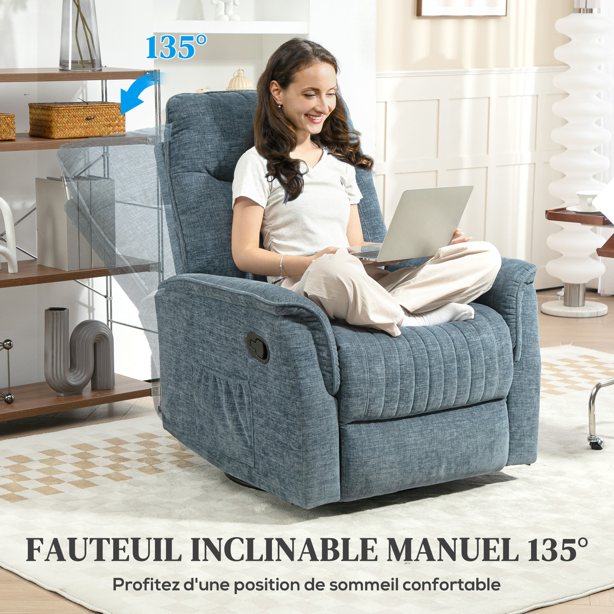 Fauteuil relax inclinable repose-pieds rétractable pivotant pochette rangement intégrée tissu bleu chiné