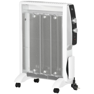 HOMCOM Calefactor Eléctrico 750W/1500W Radiador de Mica con 2 Niveles de Potencia Termostato Regulable y 4 Ruedas para Sala de 15-18 m² Silencioso 47x26,5x61,5 cm Blanco