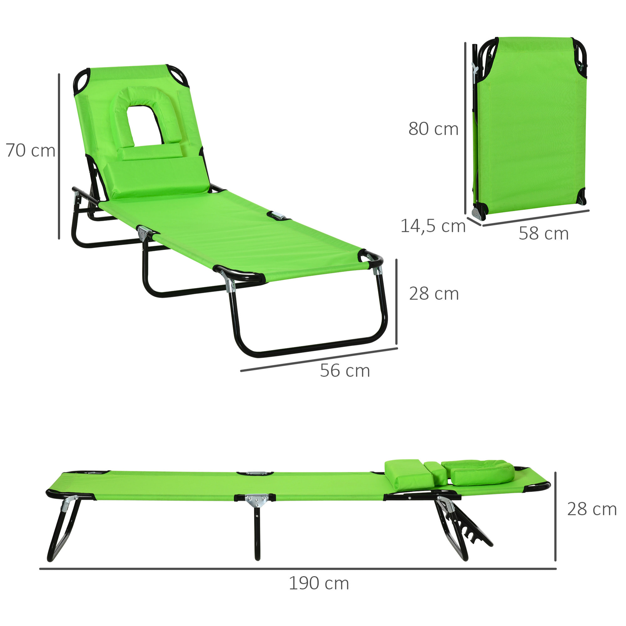 Tumbona Plegable con Respaldo Ajustable Almohada para Camping 190x56x28 cm Verde