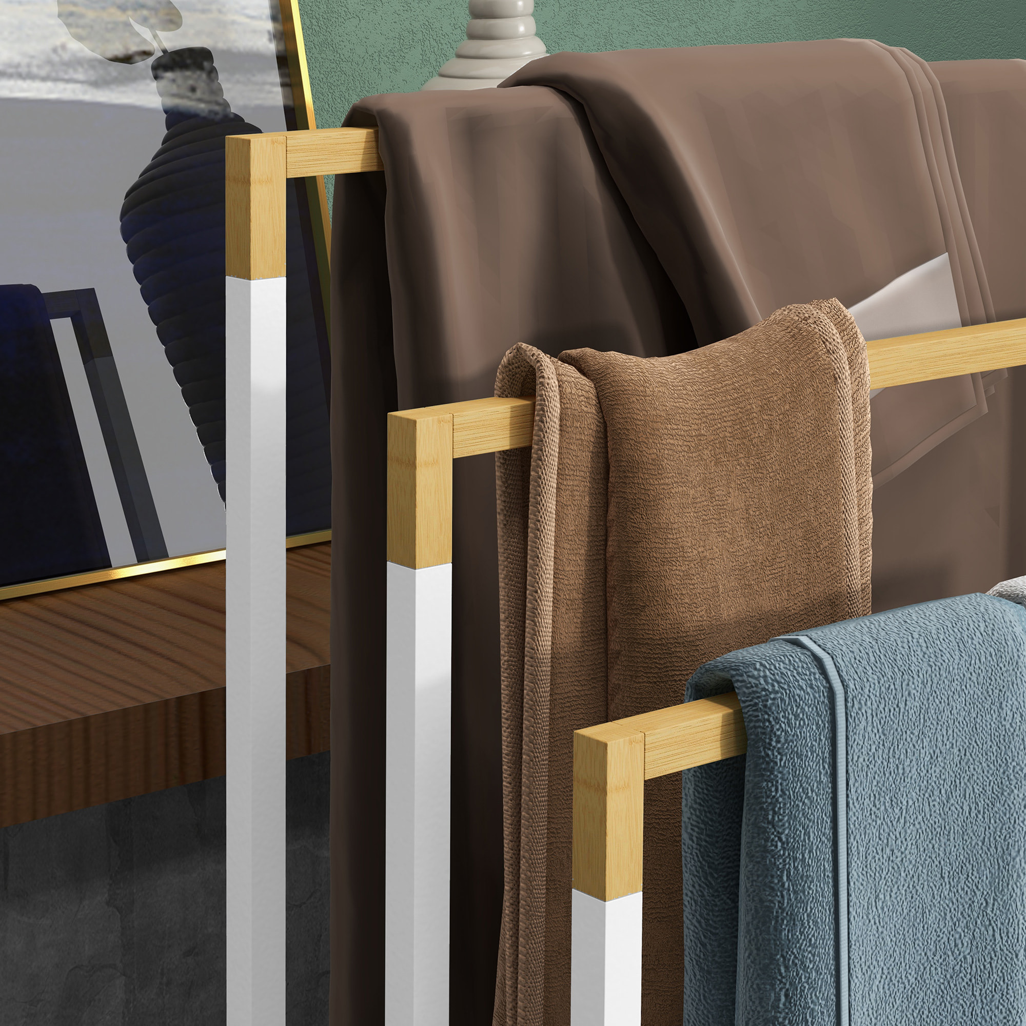 Toallero Escalera de 3 Niveles Toallero de Pie con 3 Barras de Bambú y Marco de Acero Toallero para Baño Lavadero 45x22,5x86 cm Blanco y Natural