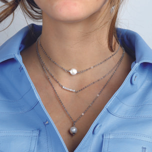 Collana Multifilo Graduata Catena Rolo Piatta con Perle d'Acqua Dolce Bianche