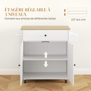 Desserte de cuisine 2 portes étagère tiroir support épices porte-serviette blanc effet bois naturel