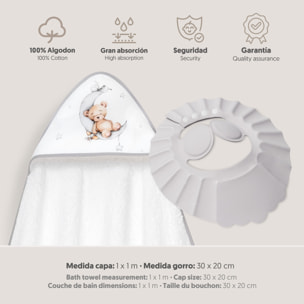 Capa Baño 1X1 Mod Estampado Oso Luna Estrellas+Gorro Bco/Gris