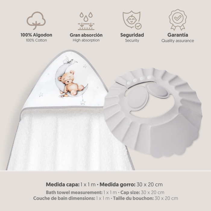 Capa Baño 1X1 Mod Estampado Oso Luna Estrellas+Gorro Bco/Gris