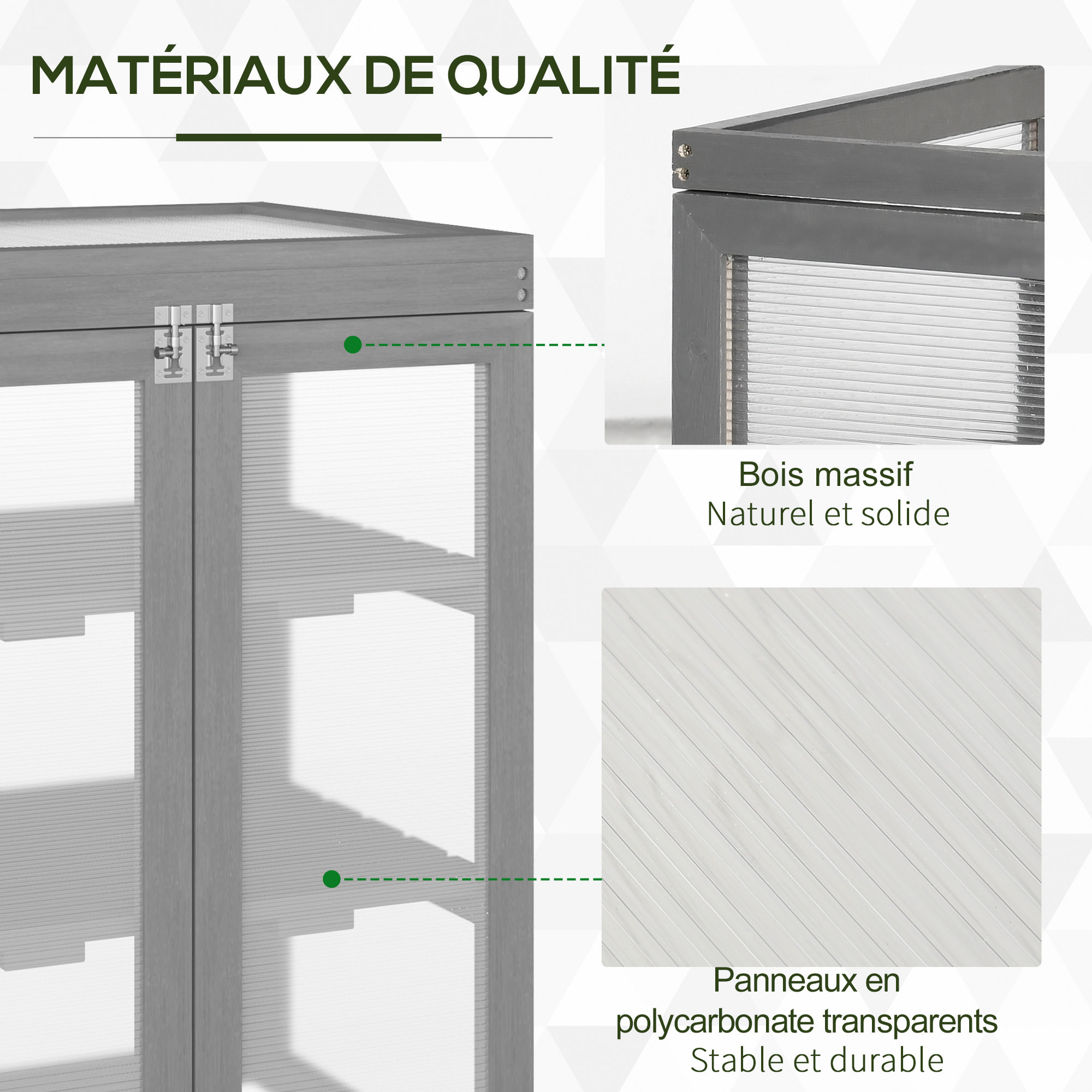 Mini serre de jardin 3 niveaux dim. 58L x 44l x 78H cm double porte toit ouvrant bois sapin lasuré peint gris polycarbonate