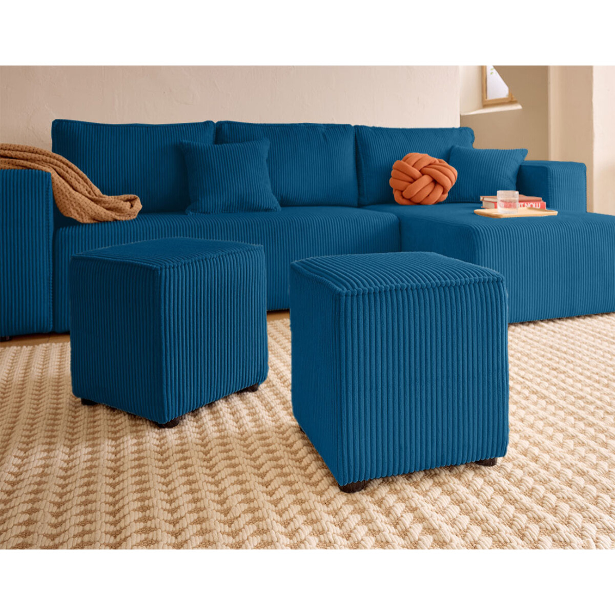 Topaze - canapé d'angle réversible 4 places - convertible avec coffre, tablette et poufs - en velours côtelé - Bleu