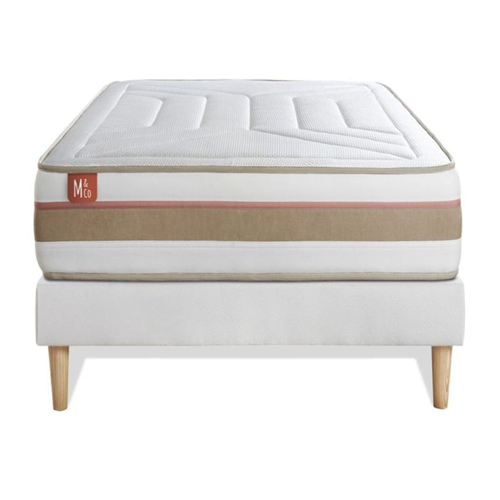 Ensemble Matelas Le Tendre - 28cm - Ressorts ensachés et mémoire de forme - Enveloppant - Sommier kit Blanc