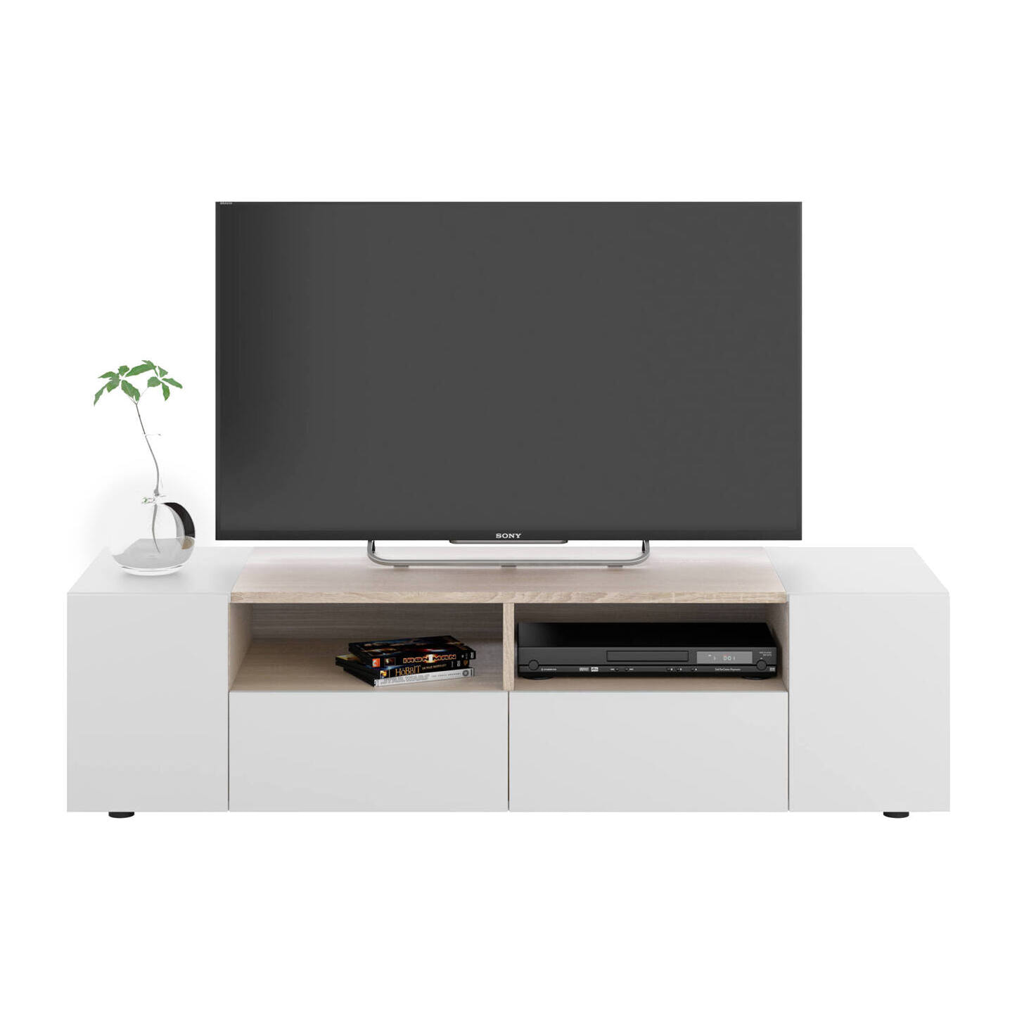 Mobile porta TV Topeka, Credenza per televisione da soggiorno, Supporto per TV moderno, Credenza bassa multiuso, cm 138x42h36, Bianco e Rovere