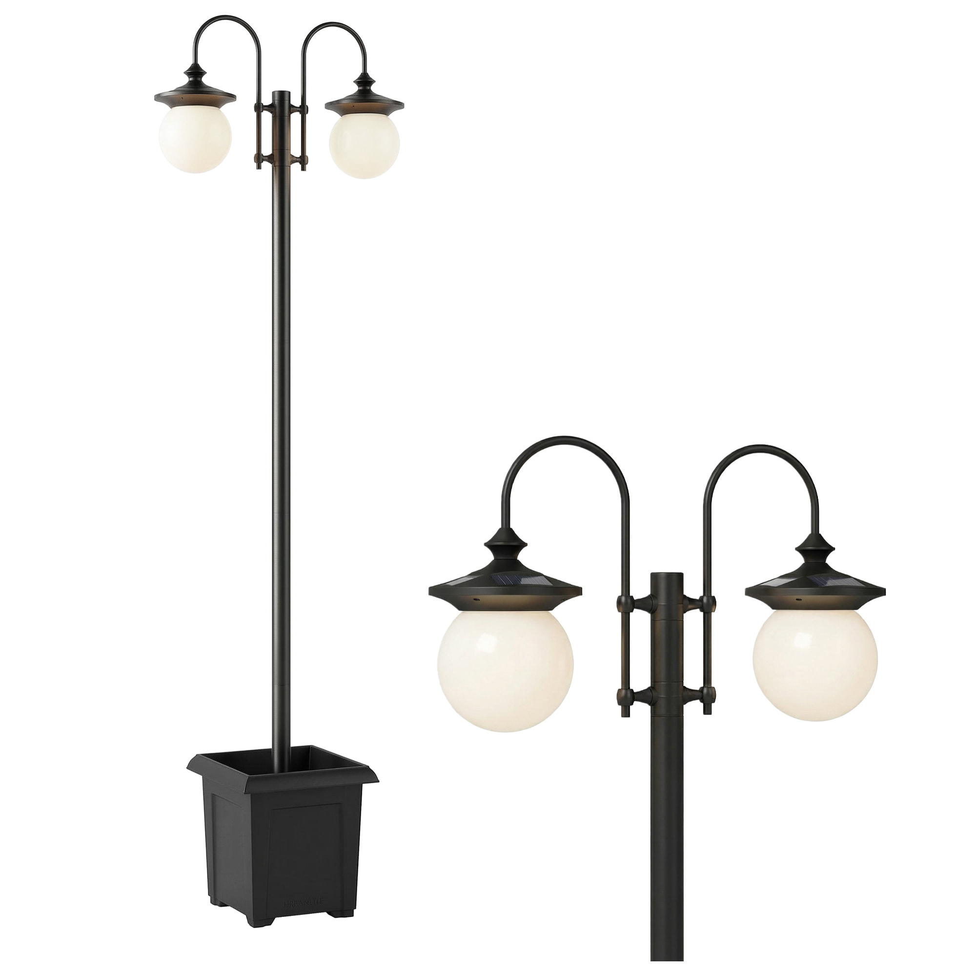 Farola Solar Exterior de Jardín con Macetero 2 Cabezales Impermeable IP44 Encendido/Apagado Automático y Altura Ajustable Luz Solar de Exterior LED para Terraza Patio 53,5x30x182 cm Negro