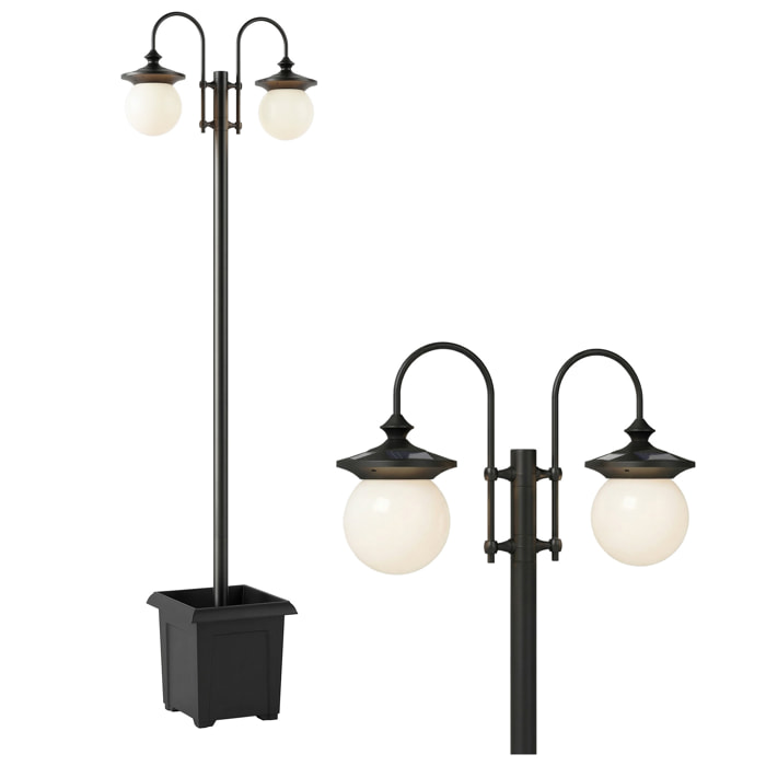 Farola Solar Exterior de Jardín con Macetero 2 Cabezales Impermeable IP44 Encendido/Apagado Automático y Altura Ajustable Luz Solar de Exterior LED para Terraza Patio 53,5x30x182 cm Negro