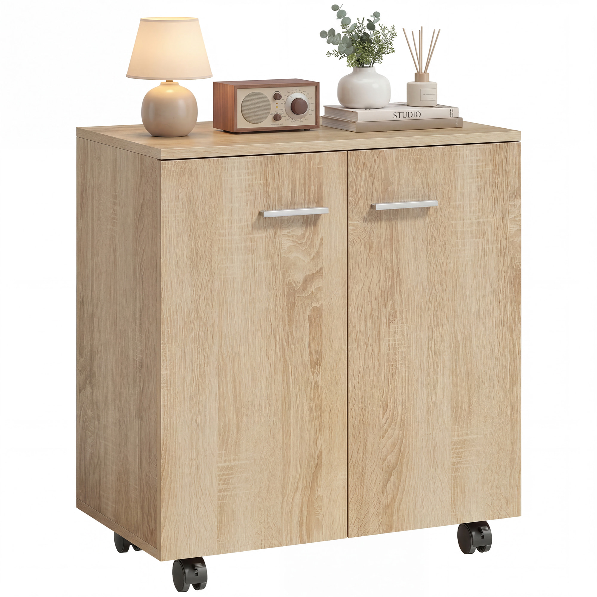 Aparador con Ruedas, Aparador de Salón con 2 Puertas y Estantes, para Sala de Estar, Dormitorio, Oficina, 60x35x65 cm, Natural