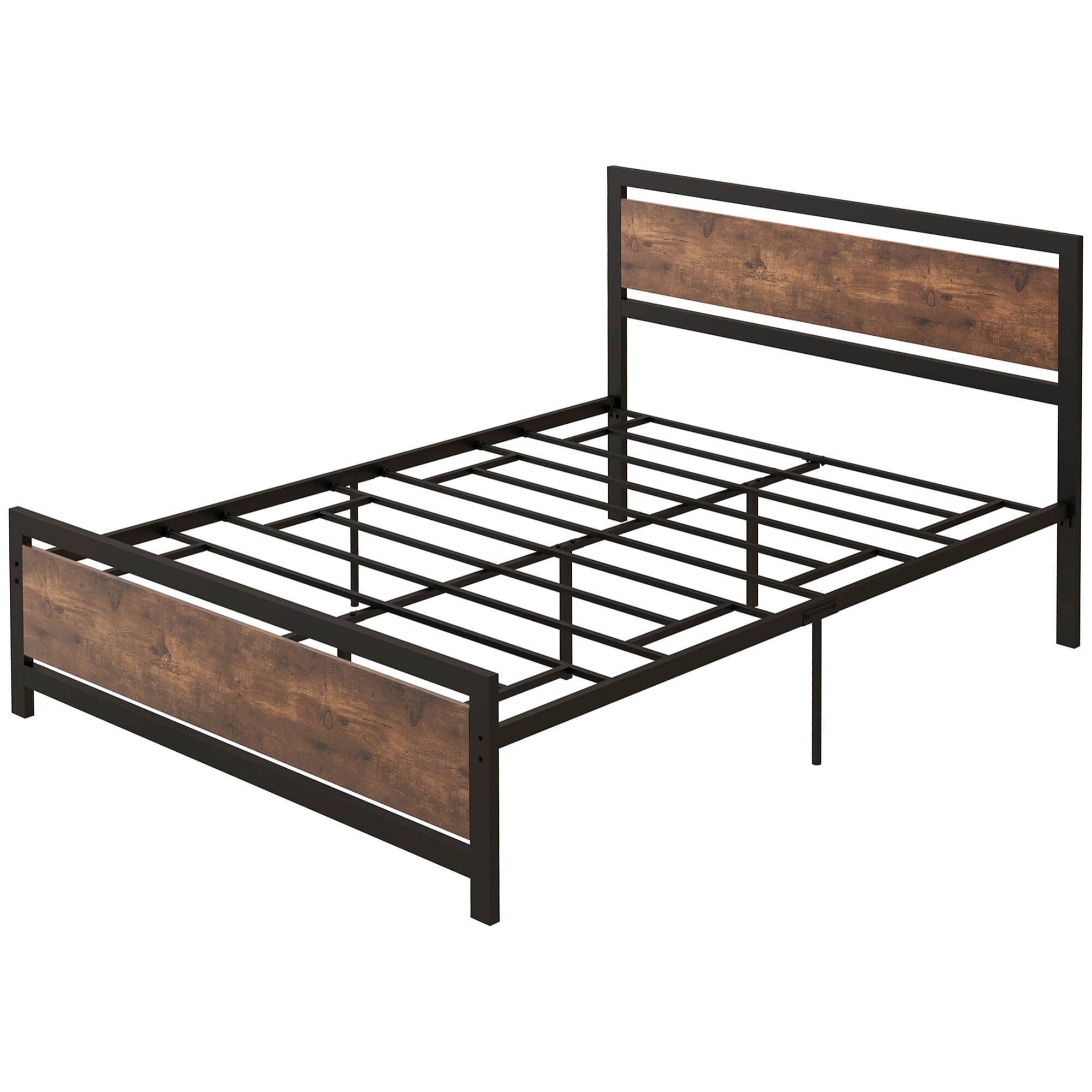 Lit double design industriel - tête de lit, pied de lit et sommier - dim. 195L x 144l x 103H cm - compatible matelas 190L x 140l cm - acier noir MDF aspect bois avec veinage