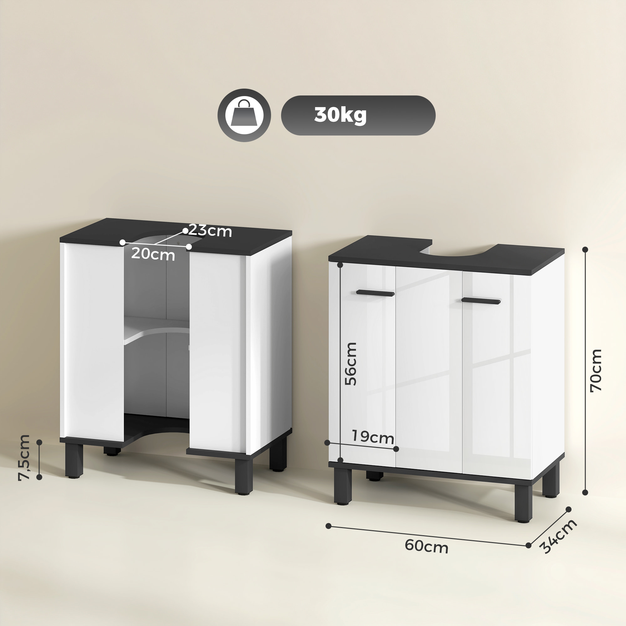 Mueble Bajo Lavabo, Mueble de Baño Compacto con Estante Ajustable, 2 Puertas, Estilo Moderno, para Lavabo con o sin Pedestal, 60x34x70 cm, Blanco Brillo