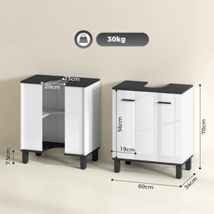 Mueble Bajo Lavabo, Mueble de Baño Compacto con Estante Ajustable, 2 Puertas, Estilo Moderno, para Lavabo con o sin Pedestal, 60x34x70 cm, Blanco Brillo