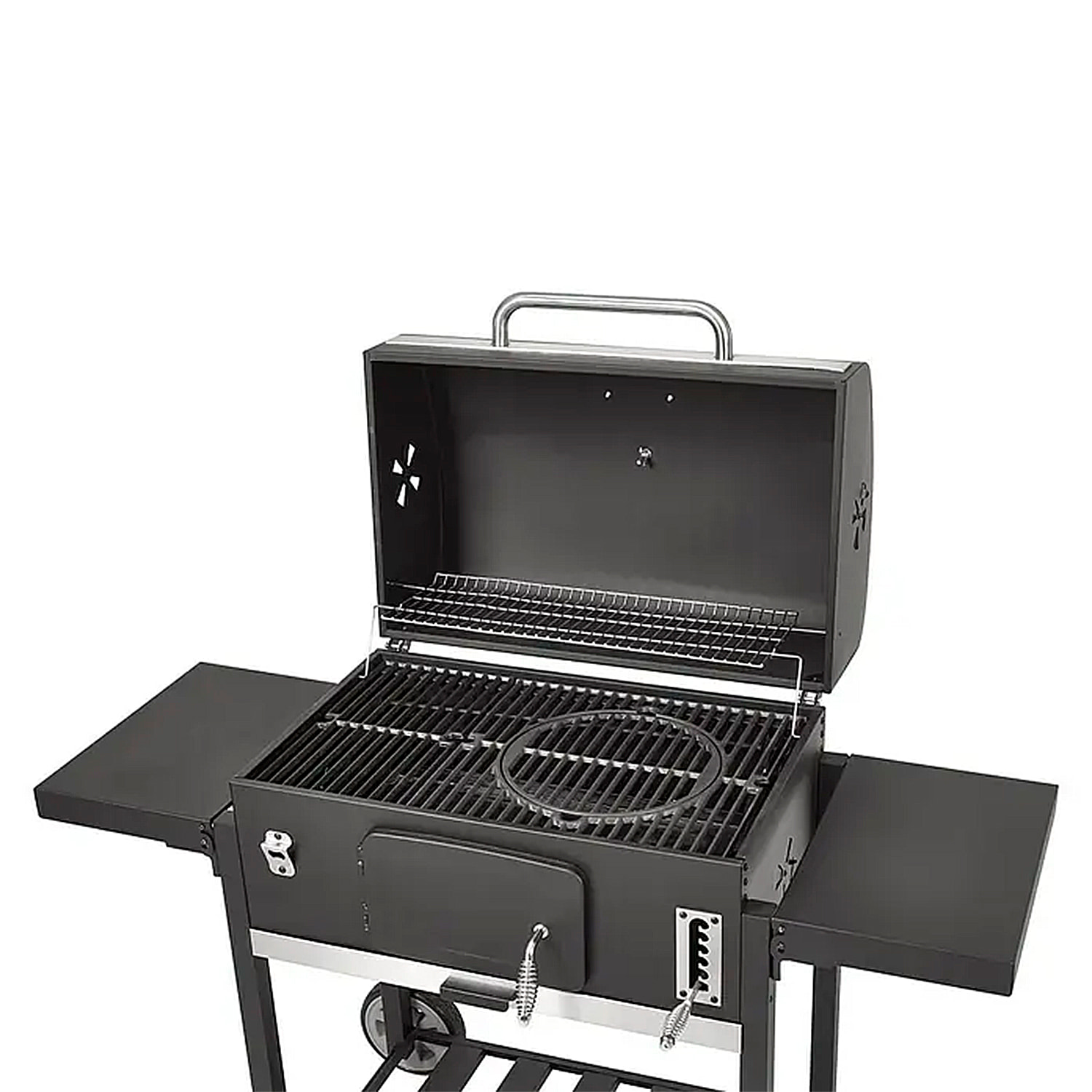 Barbecue portatile in ferro XXL con vassoio per carboni a altezza regolabile e 4 griglie.