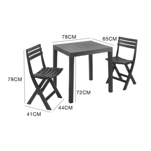 Set salotto da esterno Ortisei, Set da giardino con 1 tavolo rettangolare e 2 sedie pieghevoli, Set indoor e outdoor da Pic Nic, 100% Made in Italy, Antracite